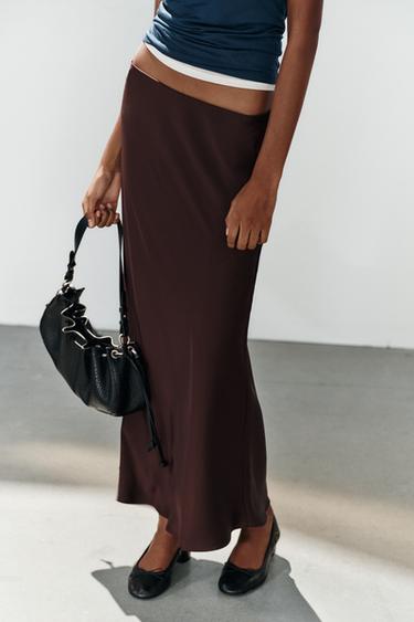 SATIN MIDI SKIRT - Burgundy by Zara