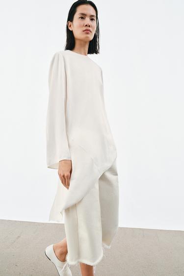 Zara ZW COLLECTION SATIN ASYMMETRIC TOP - Oyster-white