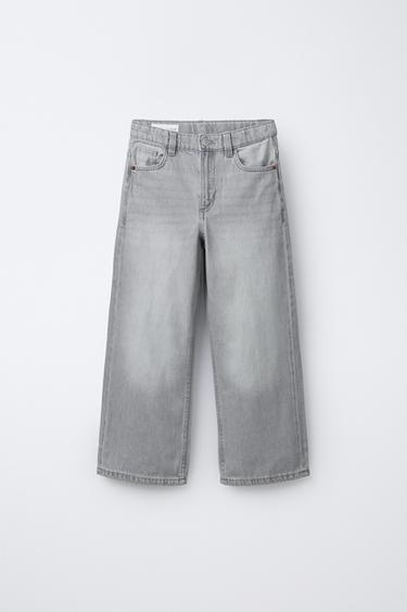 Zara EMBROIDERED TEXT WIDE LEG JEANS - Light gray