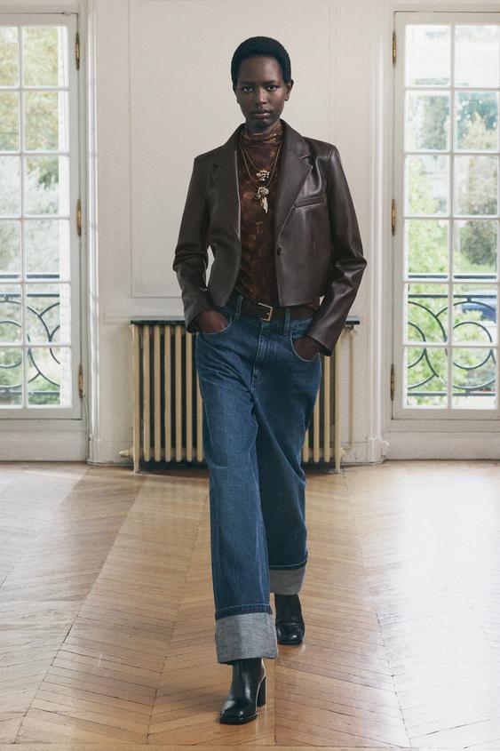 100 LEATHER SHORT BLAZER ZW COLLECTION Brown ZARA United States