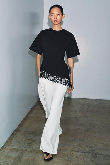 Zara 厚棉蕾絲 T 恤 - 黑色