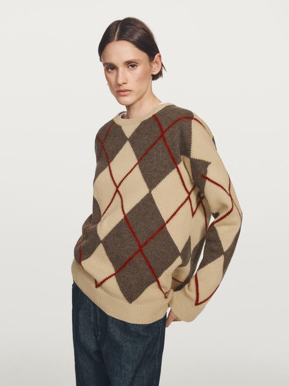 Knit wool blend sweater with argyle detail