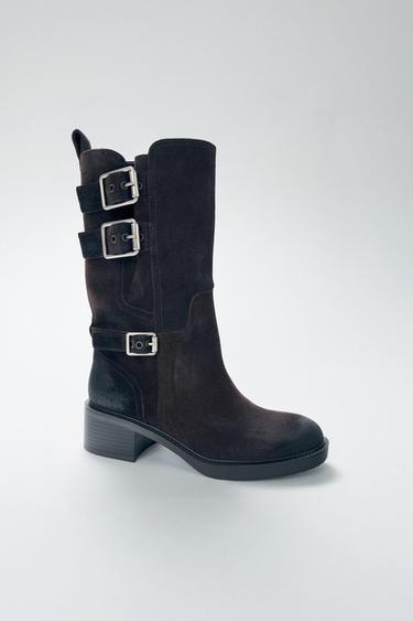 BUCKLED SPLIT SUEDE ANKLE BOOTS - Brown by Zara