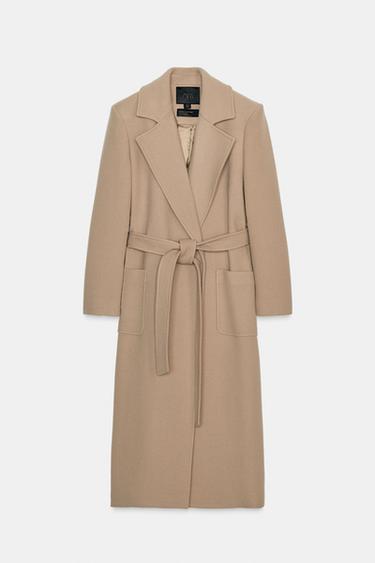 KABÁT Z VLNĚNÉ SMĚSI S PÁSKEM ZW COLLECTION - Hnědobéžová od Zara