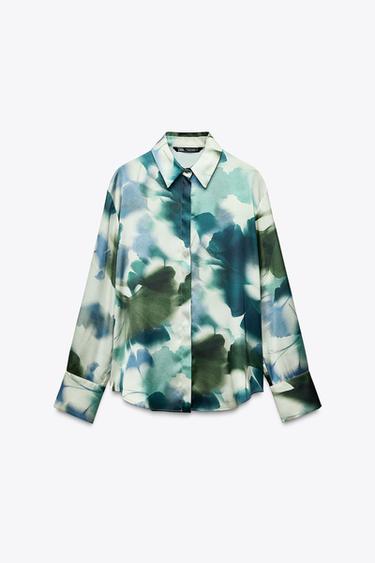 PRINTED SATIN SHIRT - Green / Ecru by Zara
