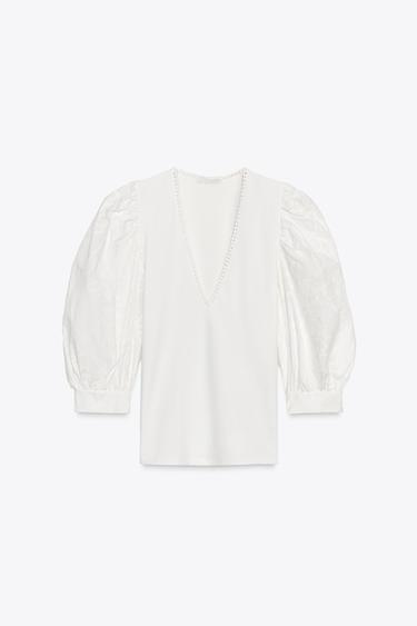 刺繍フラワーパフスリーブブラウスホワイトZaraの刺繍フラワーパフスリーブブラウス - ホワイト