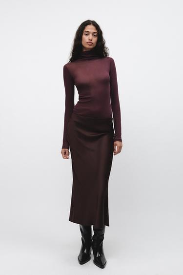 Zara SATIN MIDI SKIRT - Burgundy