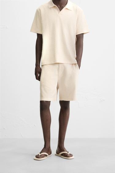 Zara 棉麻百慕達短褲 - 淺米色