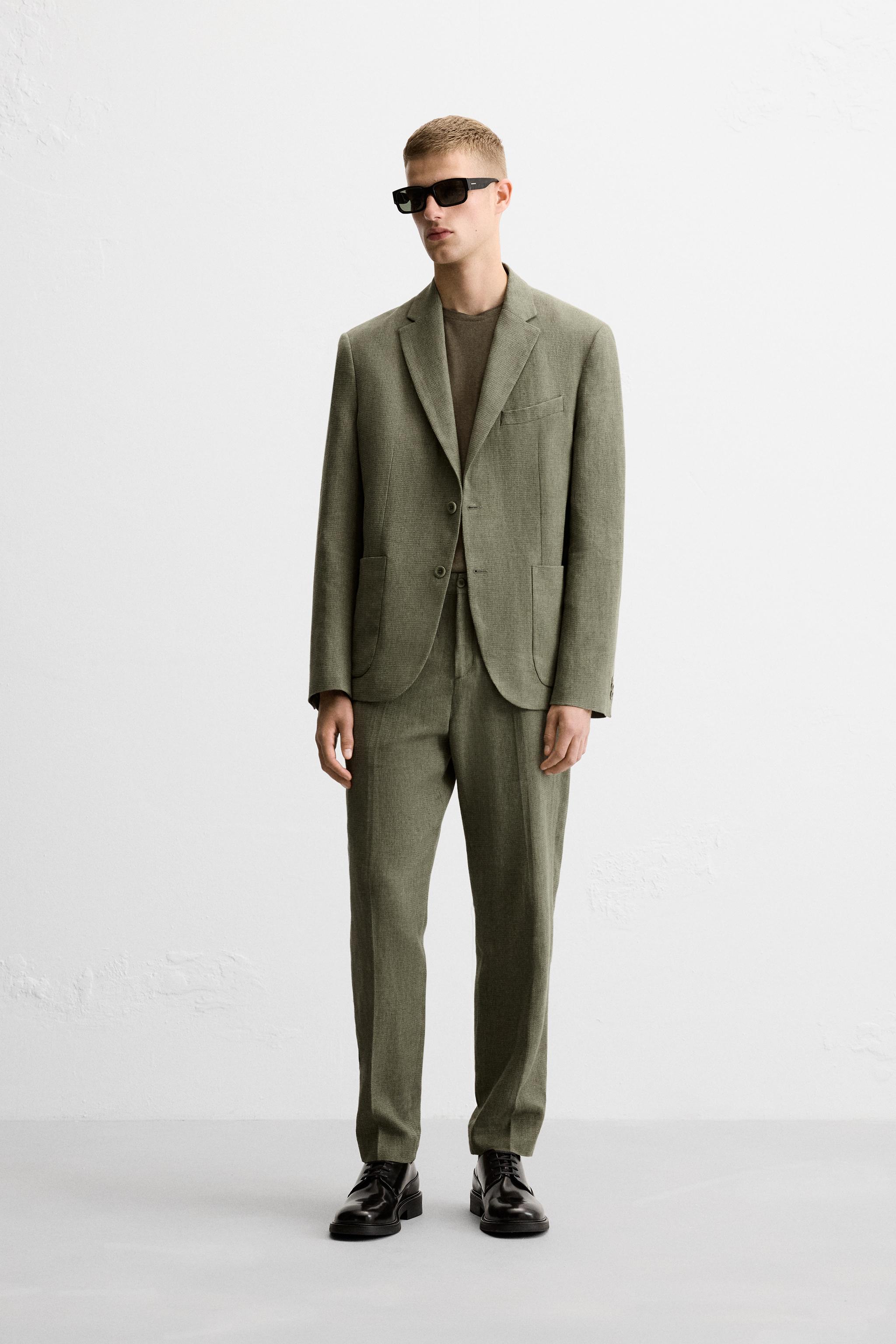 BLAZER TRAJE ALGODON LINO Verde medio ZARA Espana