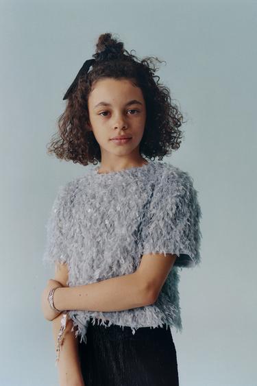 FEATHER AND SEQUIN T-SHIRT - Blue / Grey by Zara