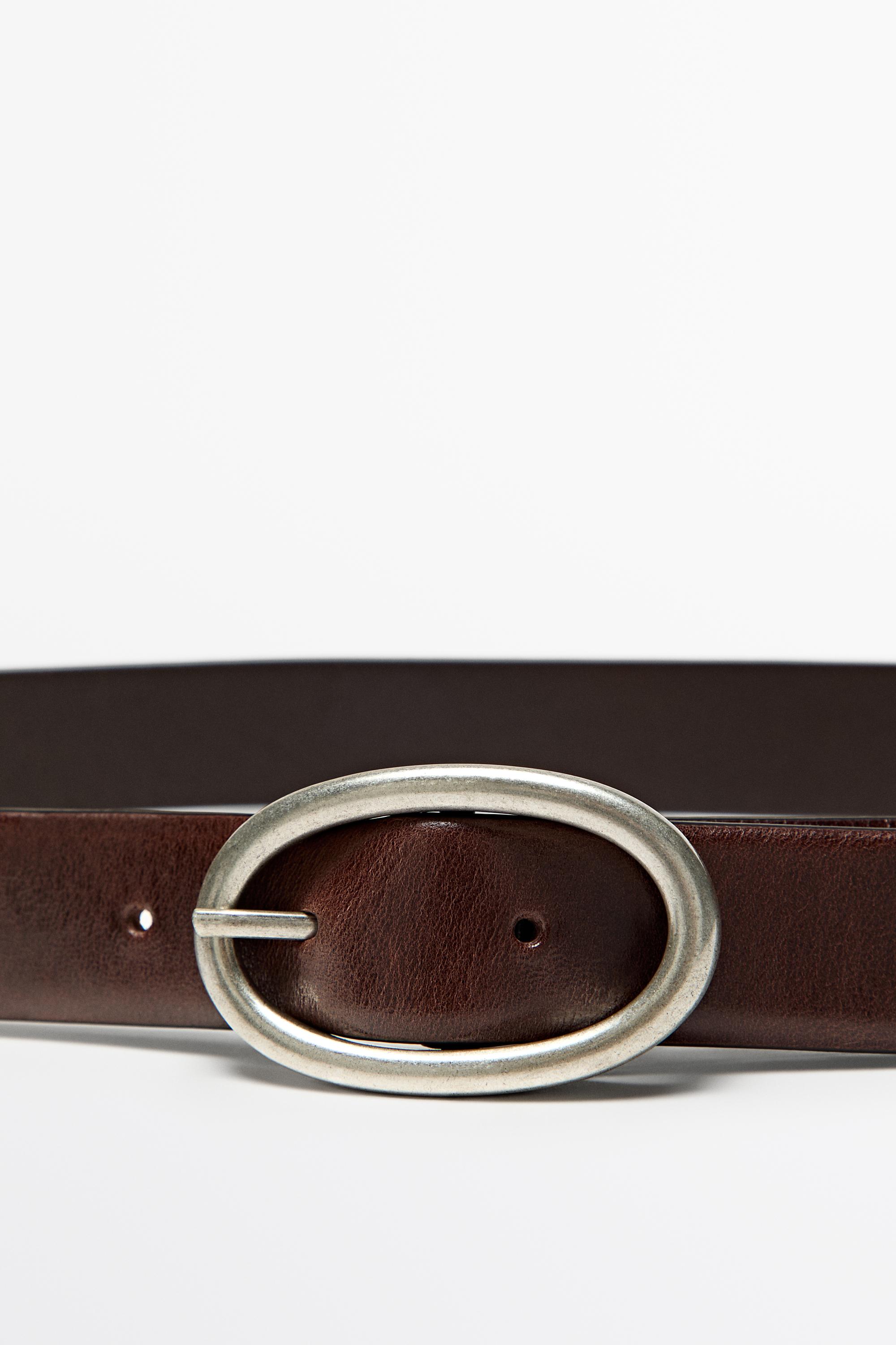 Nappa leather oval buckle belt — Brown