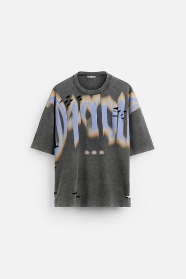CAMISETA DE MALHA COM ESTAMPADO EFEITO DE LAVAGEM - Gris Antracita da Zara