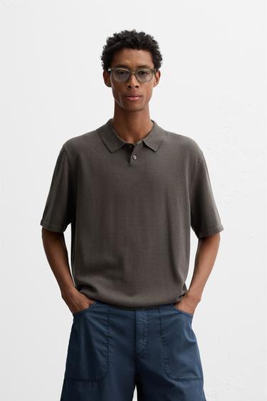 Zara COTTON BLEND KNIT POLO SHIRT - Black / Brown