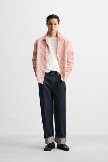 면-비스코스 체크 셔츠 - Zara 로즈핑크