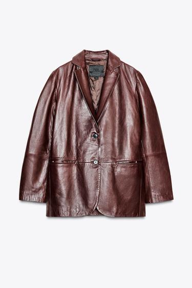 Zara ZW COLLECTION LEATHER BLAZER - Burgundy