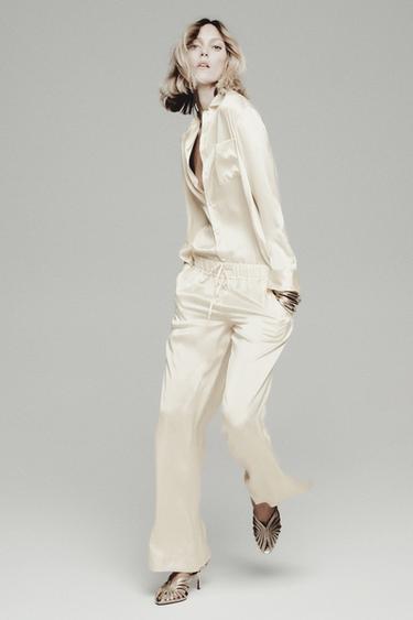 Zara ZW COLLECTION 100% SILK PAJAMA PANTS - Beige