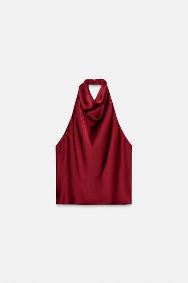 SATIN HALTER TOP - Mid-red by Zara