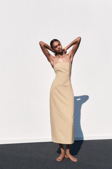 ROBE MI-LONGUE À RAYURES FINES - Sable / Noir de Zara