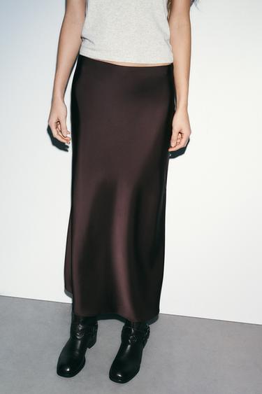 SATIN MIDI SKIRT - Dark aubergine by Zara