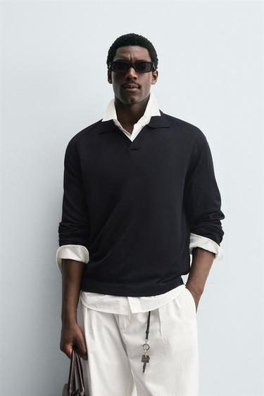 Zara TEXTURED KNIT POLO SHIRT - Dark navy