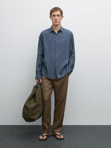 Zara 100% linen regular fit shirt - Navy blue - Image 0