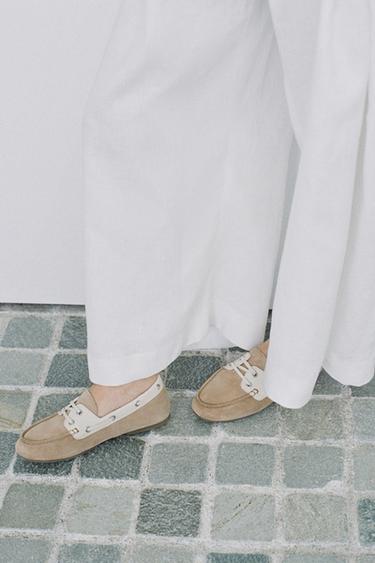 CONTRAST SUEDE LACE-UP MOCCASINS - Ecru White by Zara - Image 0