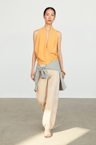 Zara Flowing halter top with ruffle detail - Yellow - Image 0
