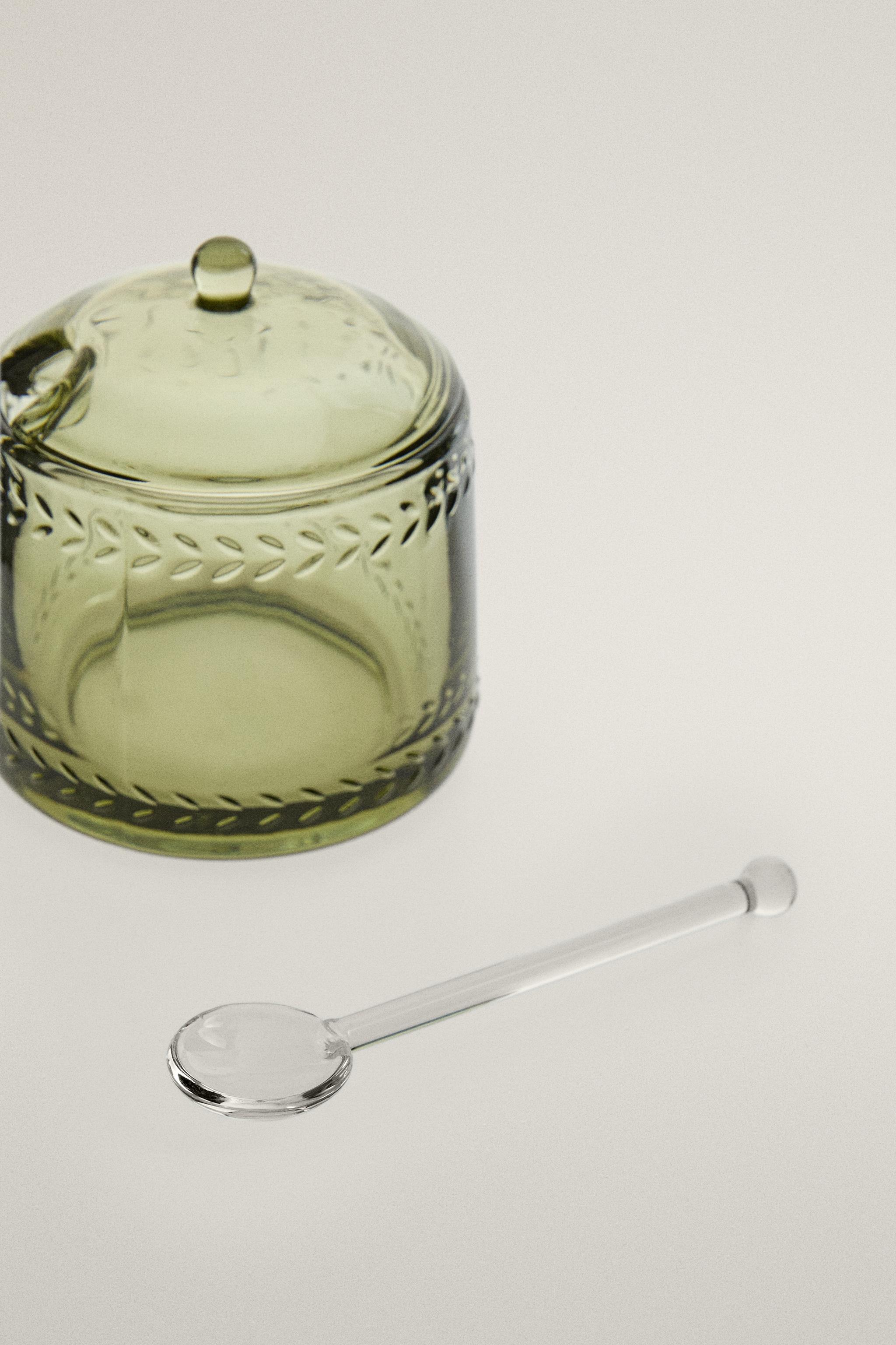 CHRISTMAS GLASS SUGAR BOWL WITH RELIEF DETAILS