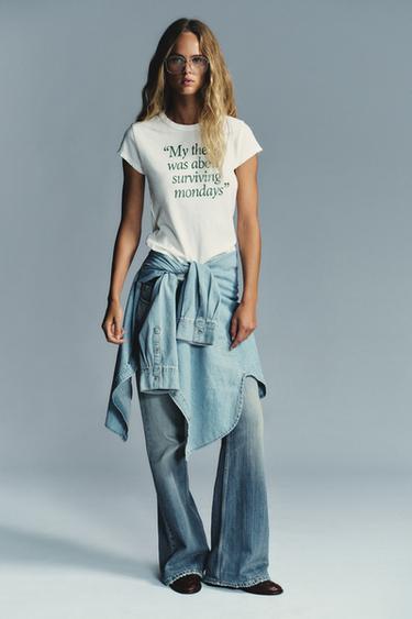 Zara RUSTIC TEXT T-SHIRT - White / Green - Image 0