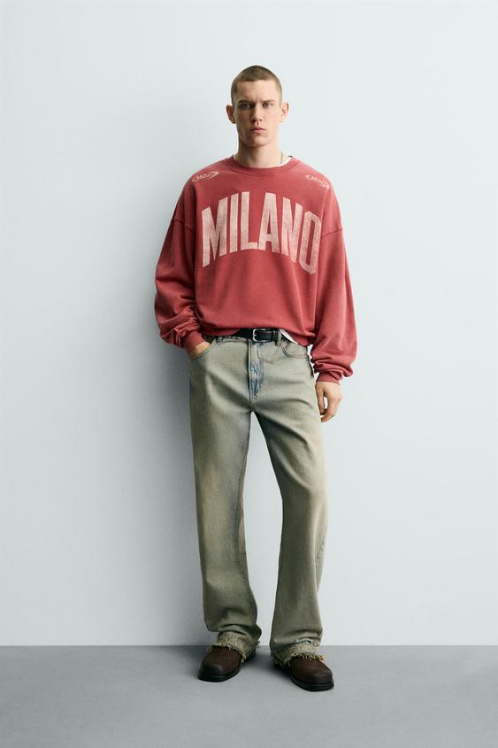 ÁO NỈ GIẶT RÁCH IN HỌA TIẾT - Màu đỏ dịu | ZARA Vietnam