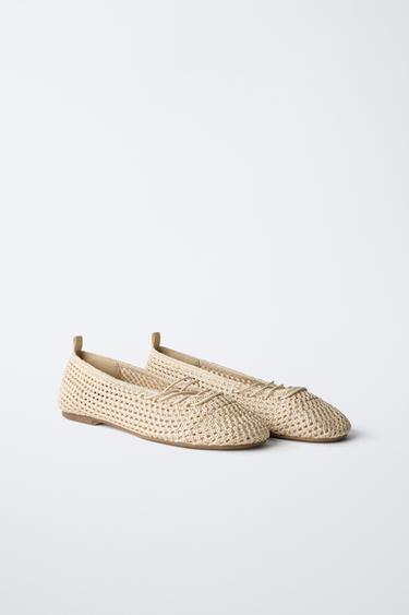 CROCHET LACE-UP BALLERINAS - Ecru White by Zara - Image 1