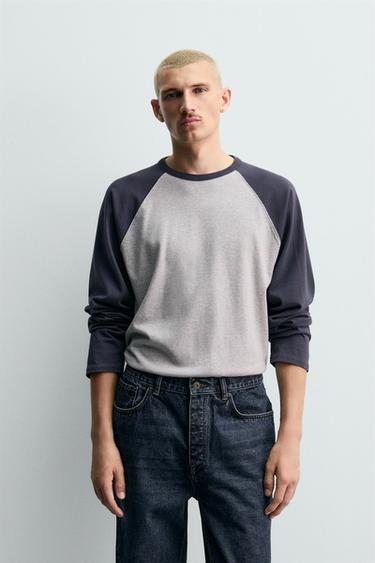 COLOUR BLOCK RAGLAN SLEEVE T-SHIRT - Grey / Blue by Zara