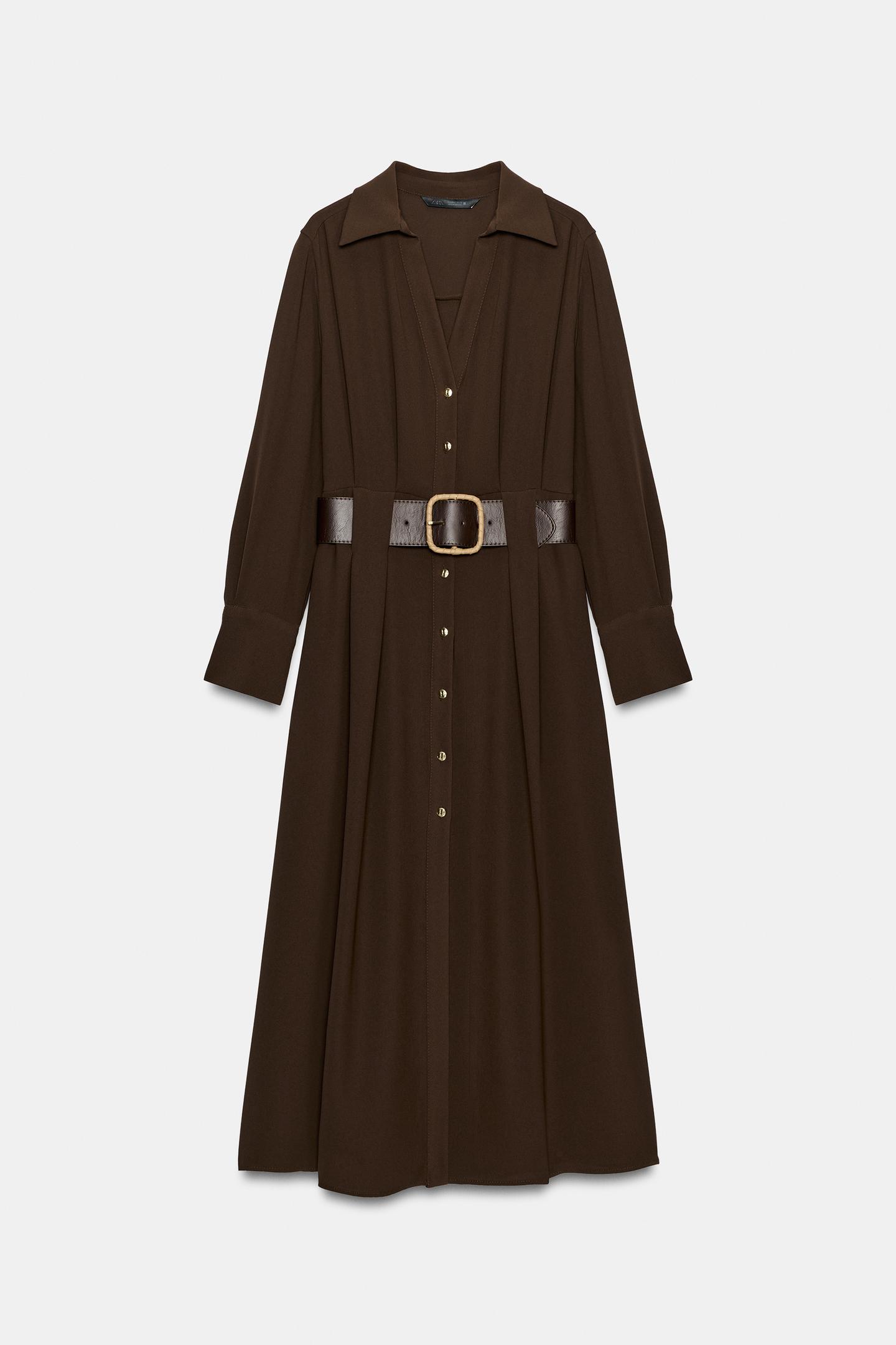 Женское платье Zara Belted MIDI Shirt Dress, цвет: Коричневый — фото 7
