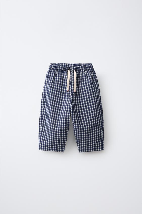 Zara 維希格紋寬鬆長褲 - 海藍色 - 圖片 0