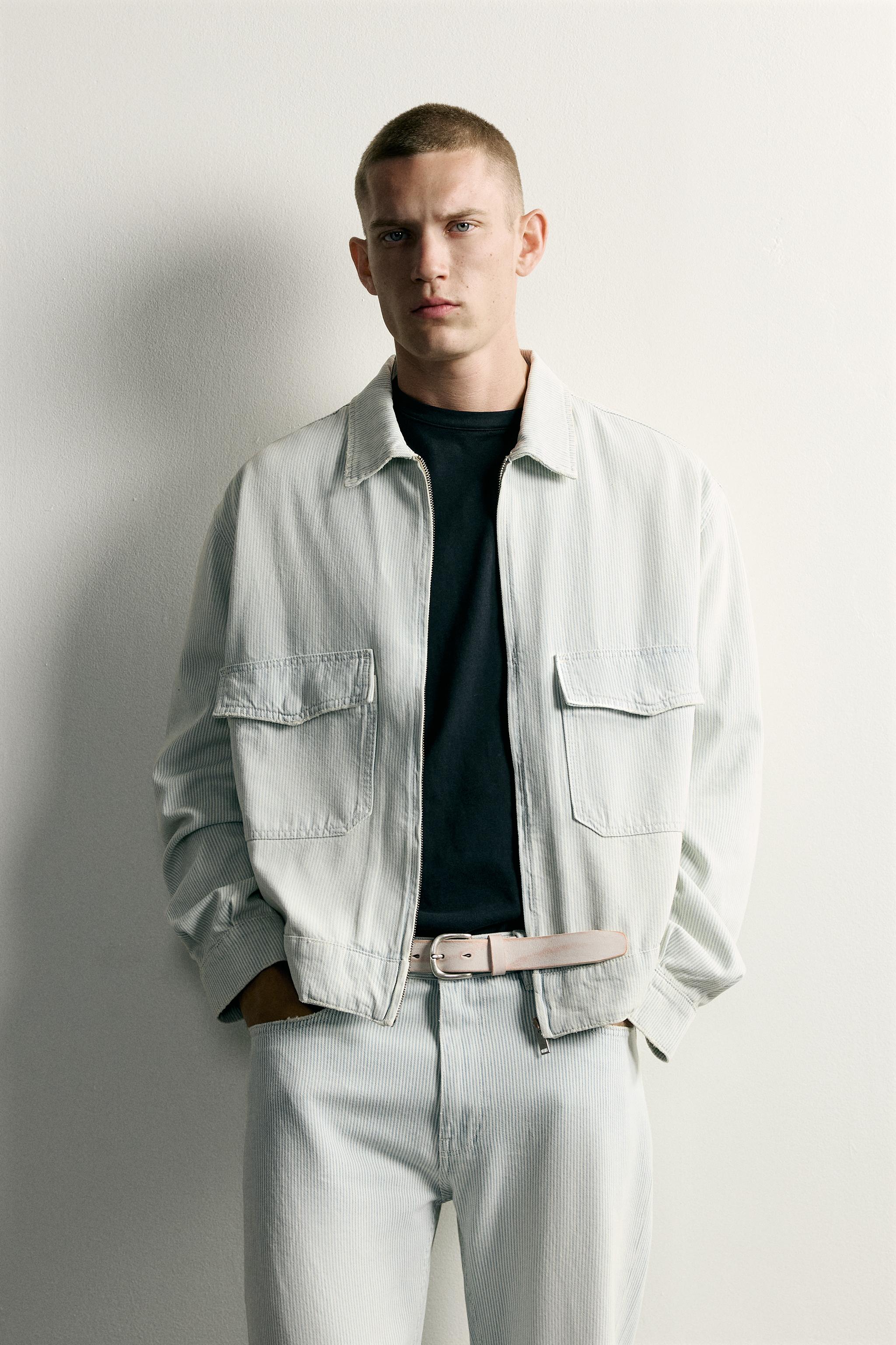 WASHED STRIPED CROPPED JACKET — Faded sky blue
