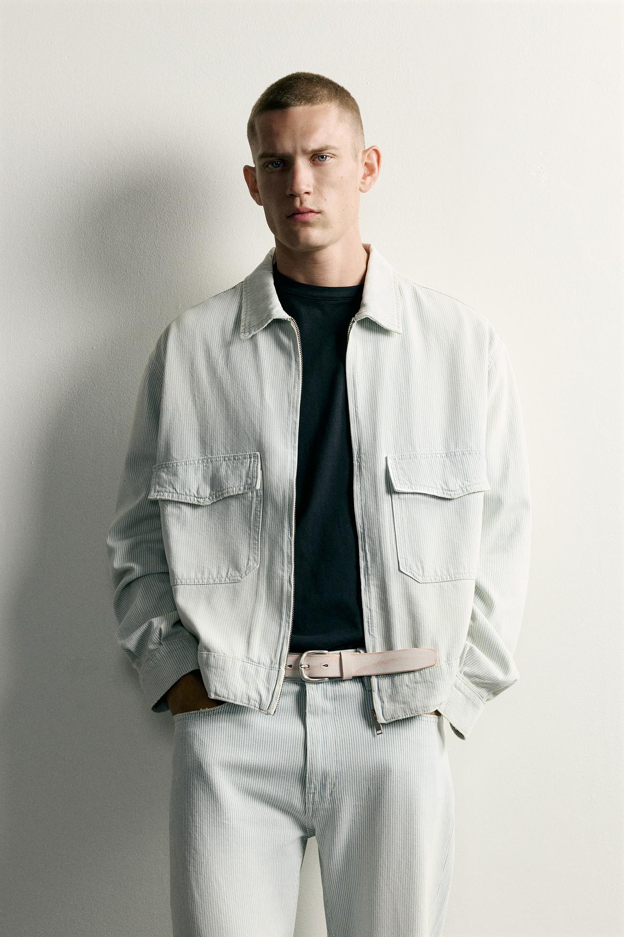 WASHED STRIPED CROPPED JACKET — Faded sky blue