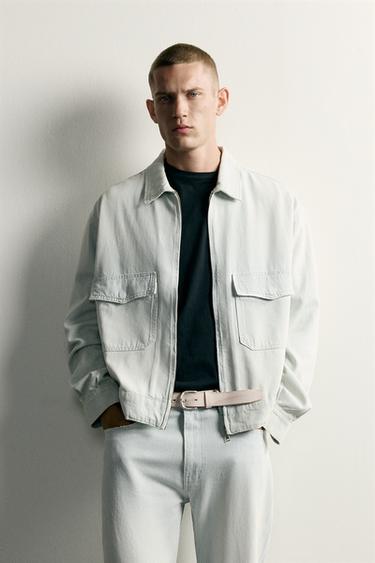 WASHED STRIPED CROPPED JACKET - Faded sky blue by Zara