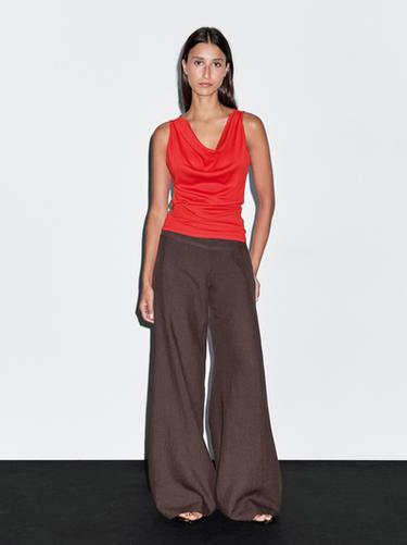 Zara 100% cotton top with draped neckline - Red