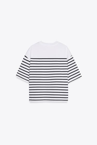 T-SHIRT À RAYURES BRODÉ SOHO - Blanc / Bleu marine de Zara - Image 4