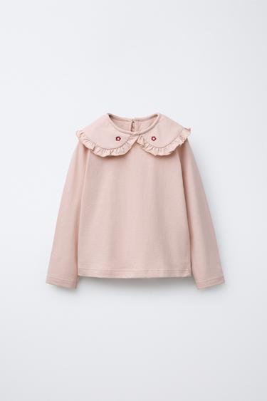 Zara EMBROIDERED PETER PAN COLLAR TOP - Pink