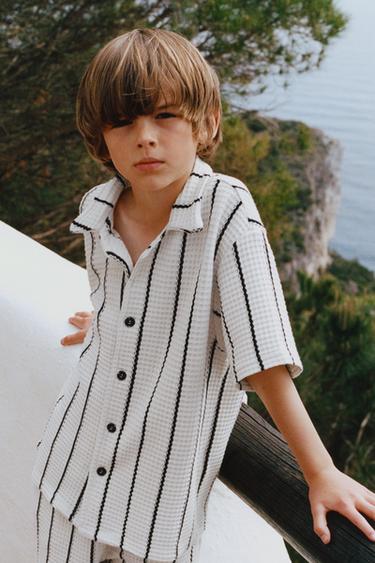 Zara STRIPED CROCHET KNIT SHIRT - Ecru / Black