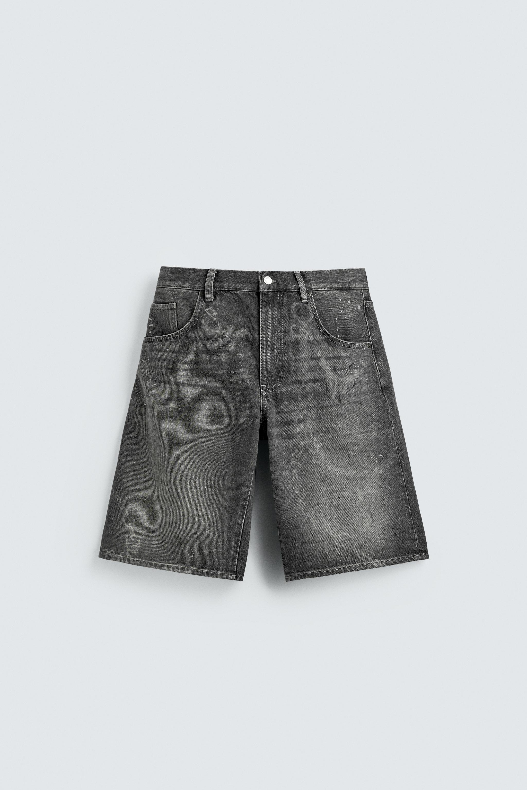 CHAIN EFFECT WASHED DENIM SHORTS