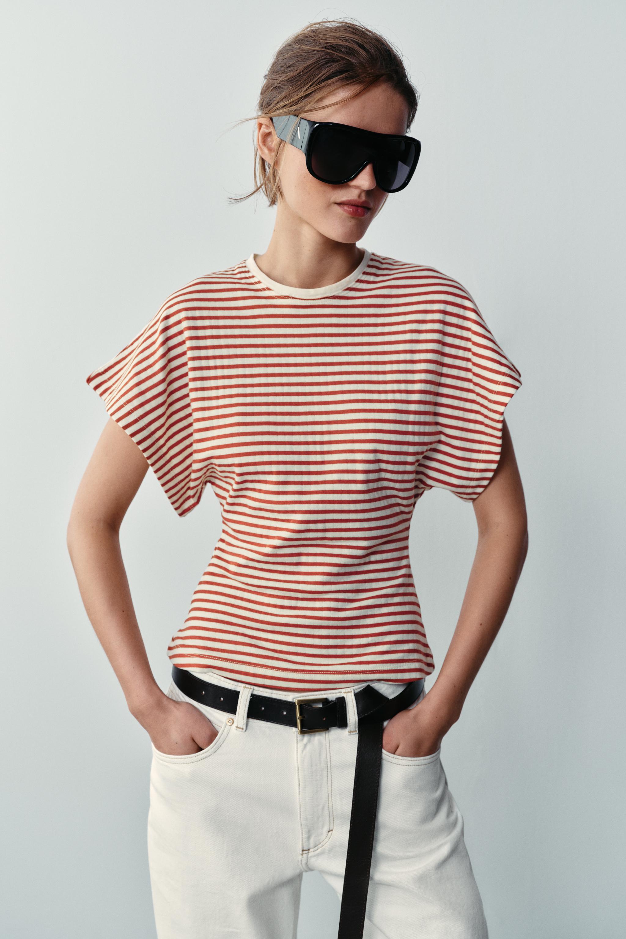 WIDE SLEEVE STRIPED T-SHIRT — Bordeaux / Ecru
