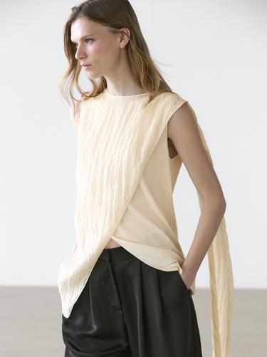 Zara Crossover top with shoulder scarf detail - Ecru