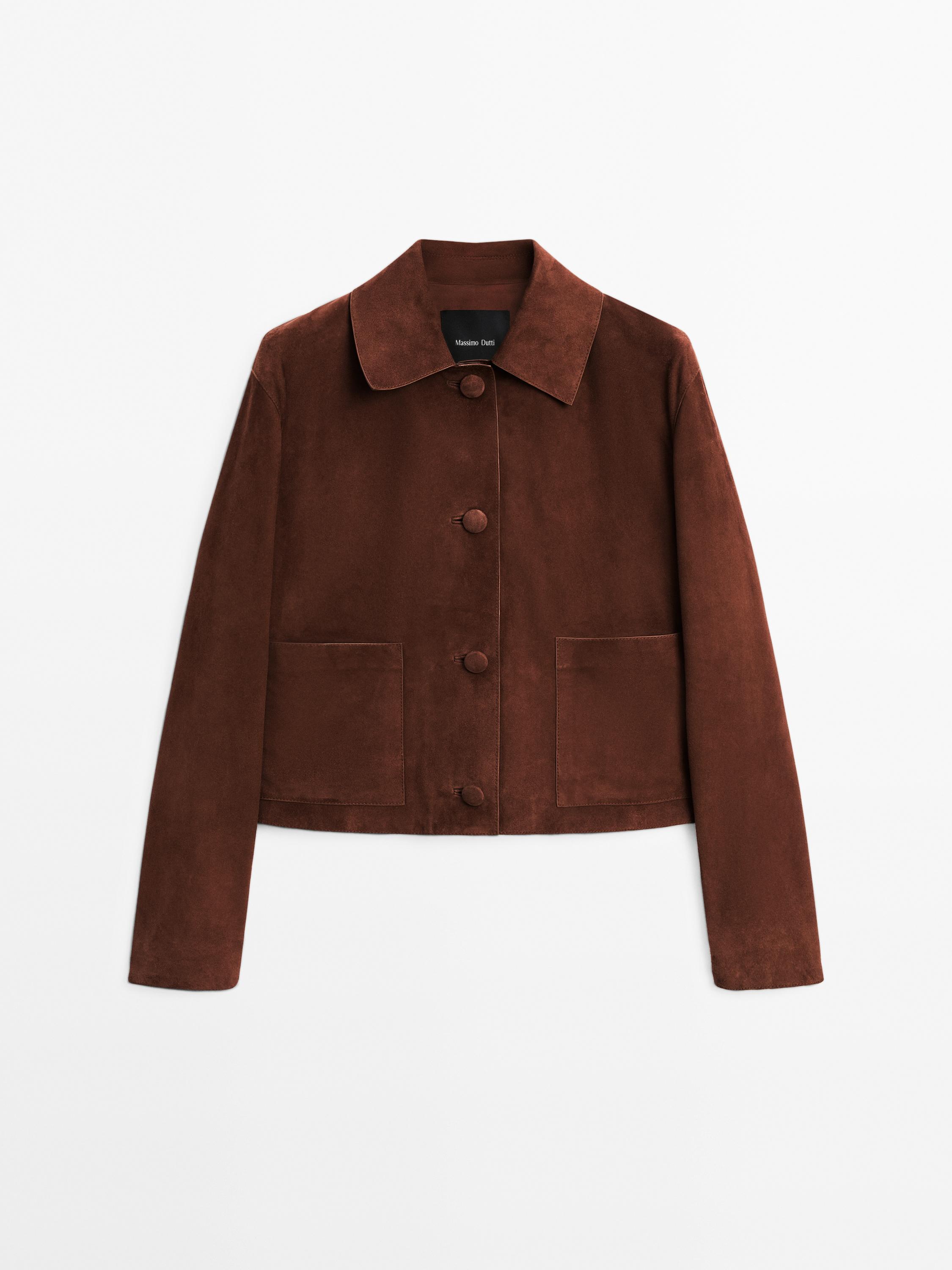 Cropped suede leather-lined jacket with buttons