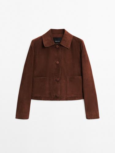Zara Cropped suede leather-lined jacket with buttons - Brown - Image 0