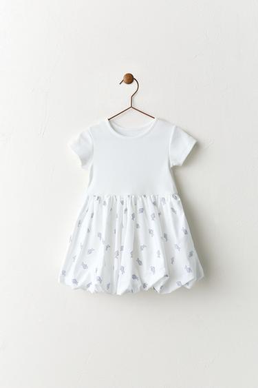 Zara 拼接氣球洋裝 - 白色