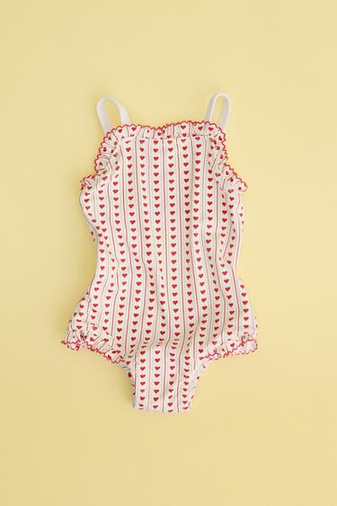 Zara AGES 6-14 / HEART RUFFLE SWIMSUIT - Red