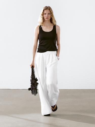 Zara Wide-leg trousers with contrast topstitching - White