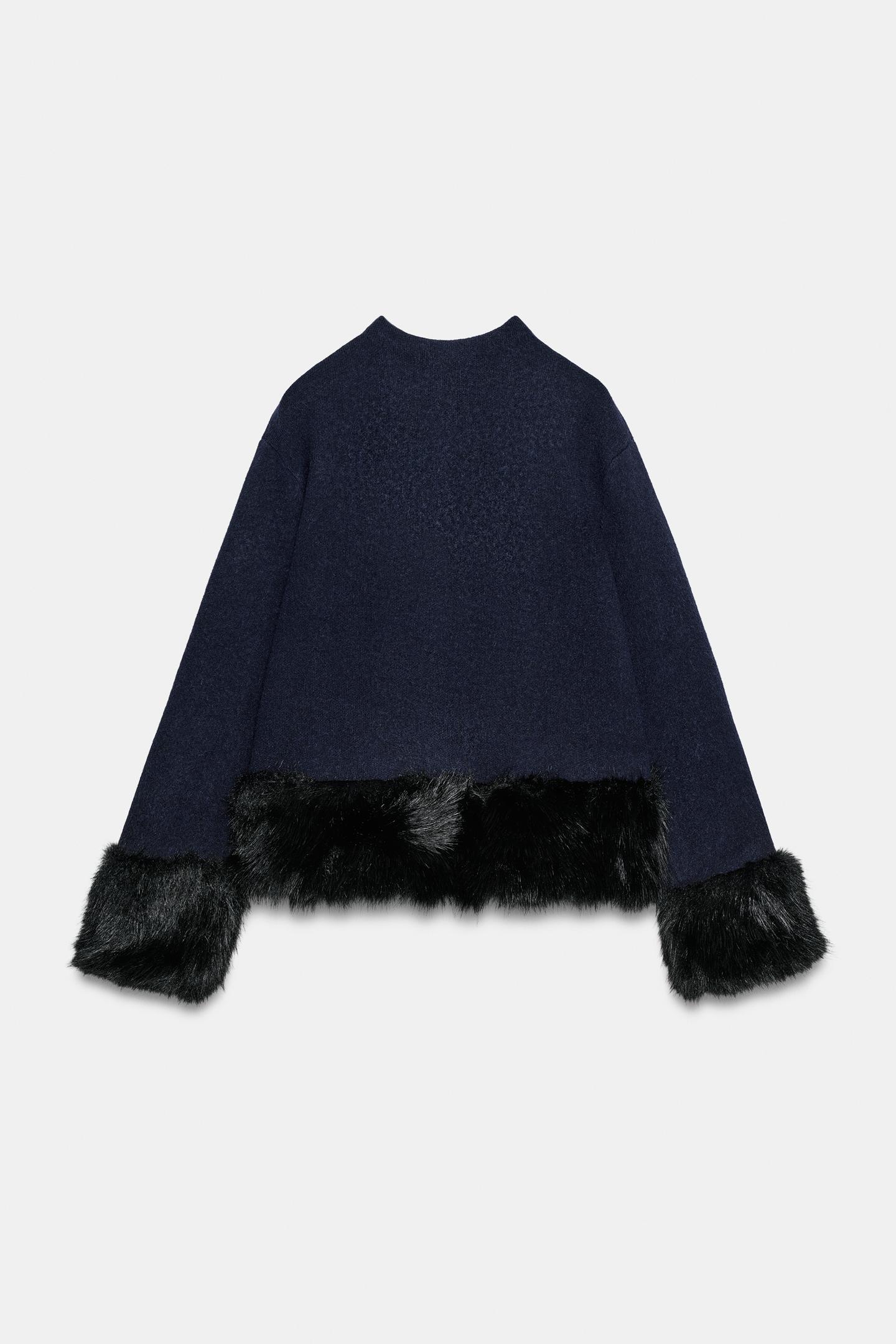 Женская куртка Zara Faux Fur Detail Knit, цвет: Тёмно-синий — фото 7